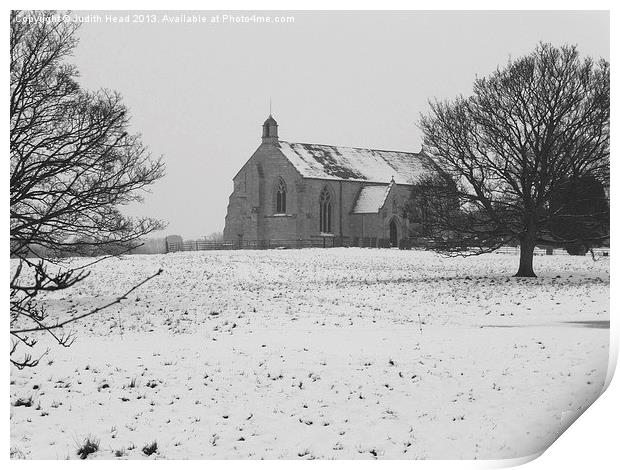 Village Church In Snow Print by Judith Head