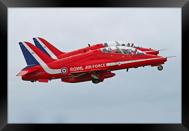 Red Arrows pair takeoff Framed Print by Rachel & Martin Pics