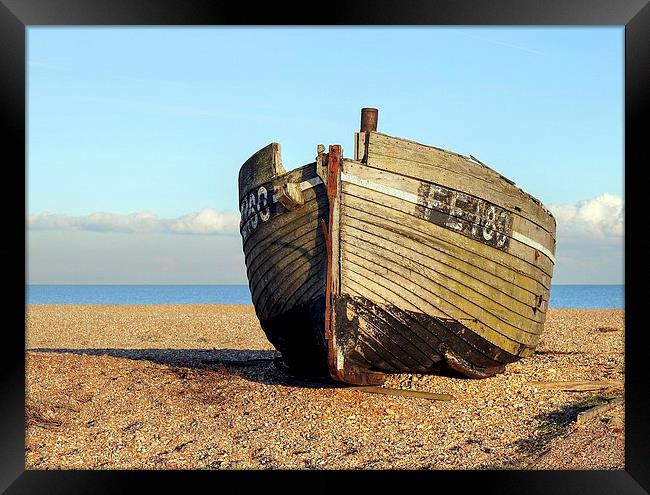 Greatstone Beach, Old Fishing Boat Framed Print by Robert Cane