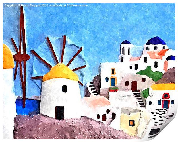 Greek island Windmills Print by Brian  Raggatt