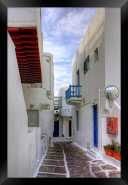 Streets of Mykonos Framed Print by Tom Gomez