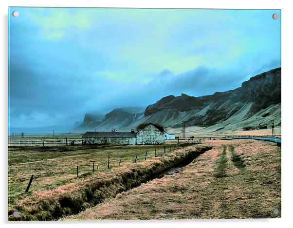 Iceland, Old Barn, Mountains Acrylic by Robert Cane
