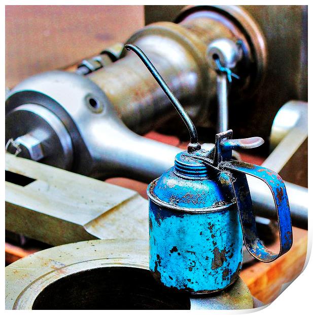Oil can in the tool room. Print by Robert Cane