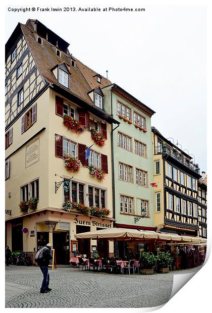 Strasbourg houses with café bars on ground floor. Print by Frank Irwin