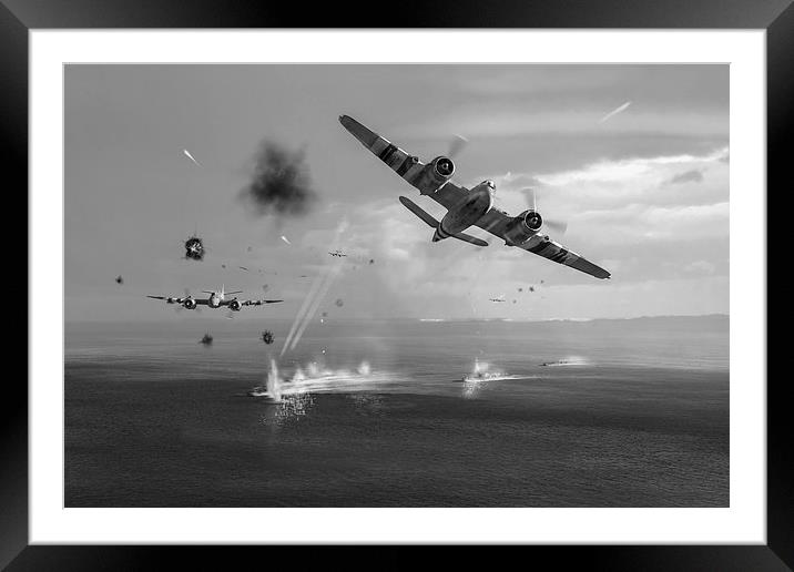 Beaufighters attacking E-boats black and white ver Framed Mounted Print by Gary Eason