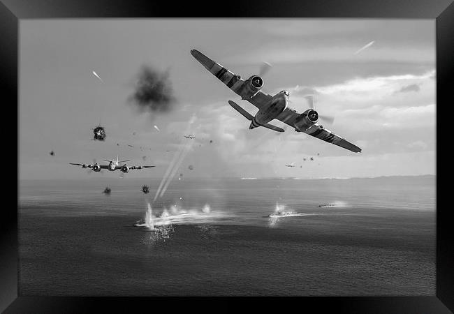 Beaufighters attacking E-boats black and white ver Framed Print by Gary Eason