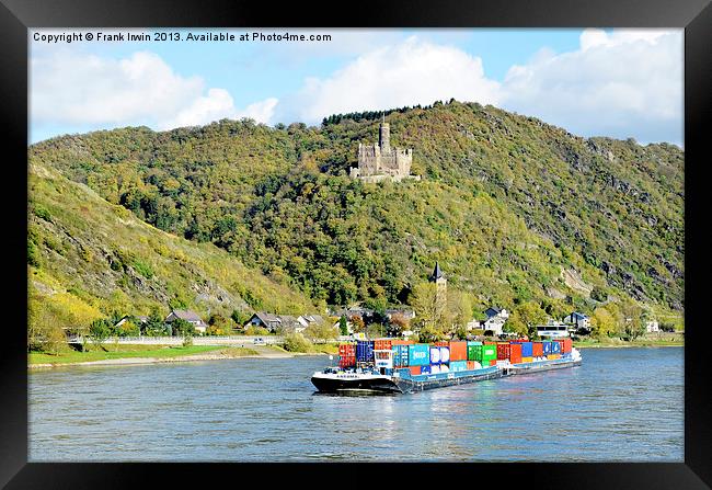 A Rhine boat sails past Burg Maus Framed Print by Frank Irwin