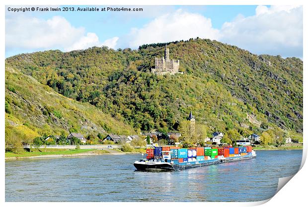 A Rhine boat sails past Burg Maus Print by Frank Irwin