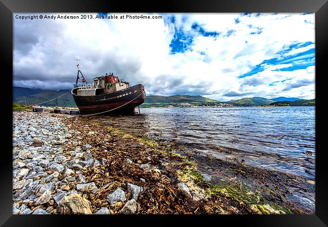 Fishing boat aground near Fort William Framed Print by Andy Anderson