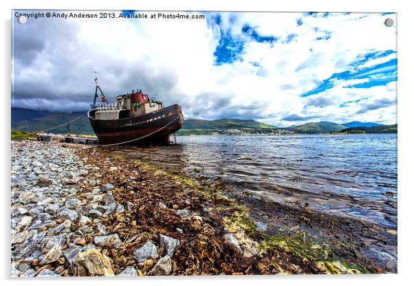 Fishing boat aground near Fort William Acrylic by Andy Anderson