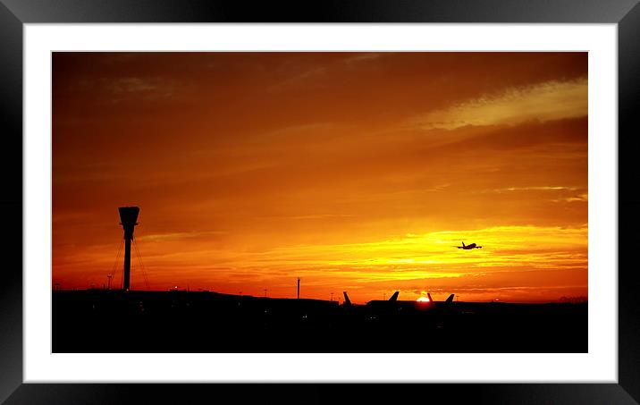 A380 Take Off Into Sunset Framed Mounted Print by Simon West