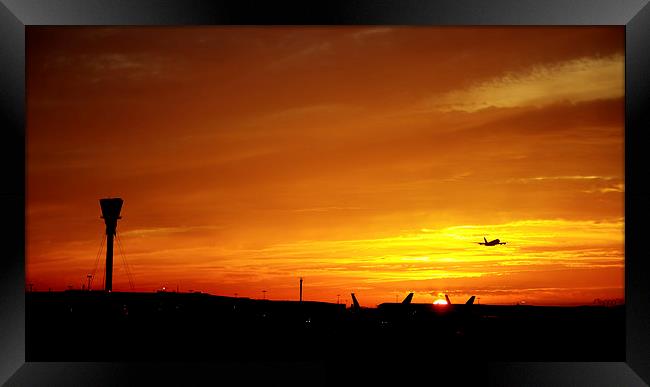 A380 Take Off Into Sunset Framed Print by Simon West