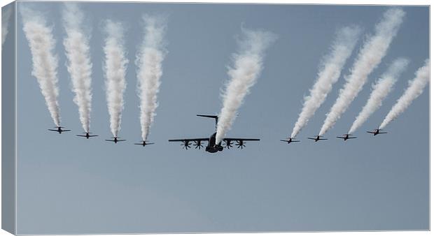 Red Arrows and A400M Flypast Canvas Print by J Biggadike