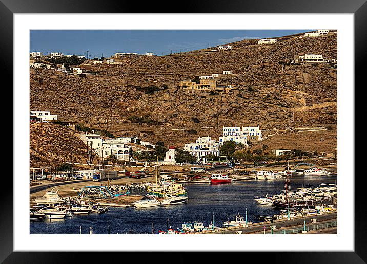 The New Harbour in Tourlos Framed Mounted Print by Tom Gomez