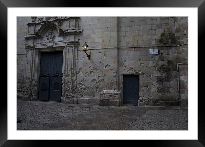 Placa de Sant Felipe Neri - where many Catalans died in the Spanish Civil War Framed Mounted Print by Mike Crew