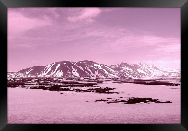 Iceland, Mountain Range, pink tint Framed Print by Robert Cane