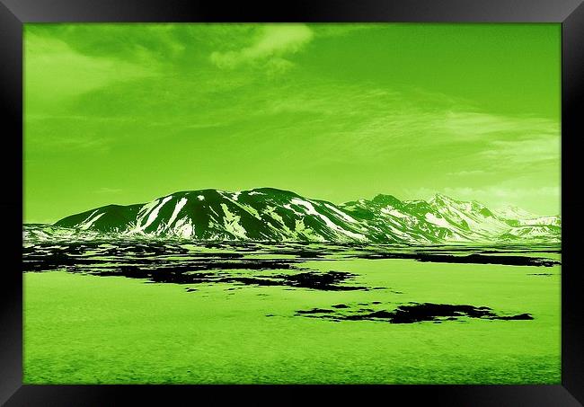 Iceland, Mountain Range, green tint Framed Print by Robert Cane