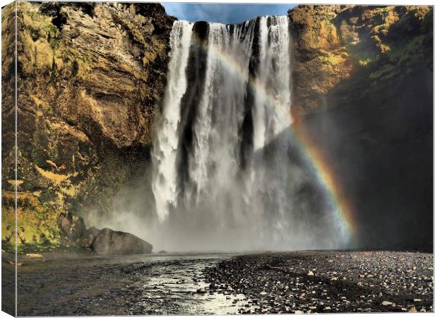 Waterfall rainbow Iceland Canvas Print by mark humpage