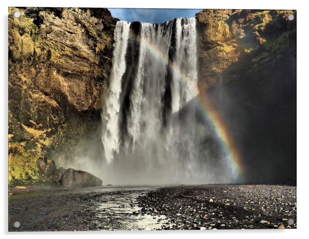 Waterfall rainbow Iceland Acrylic by mark humpage