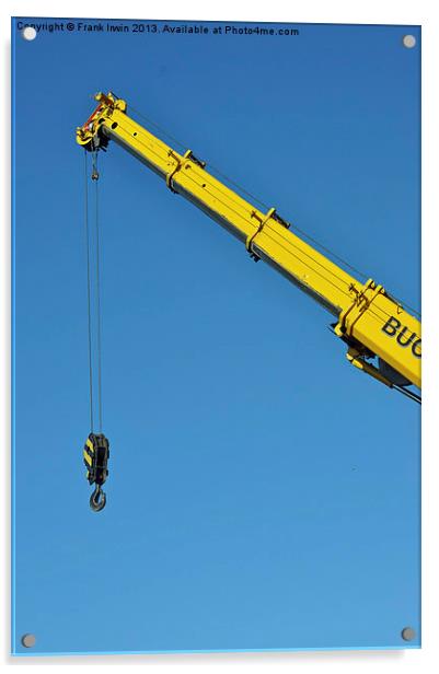 A bright yellow crane jib set against a clear blue Acrylic by Frank Irwin