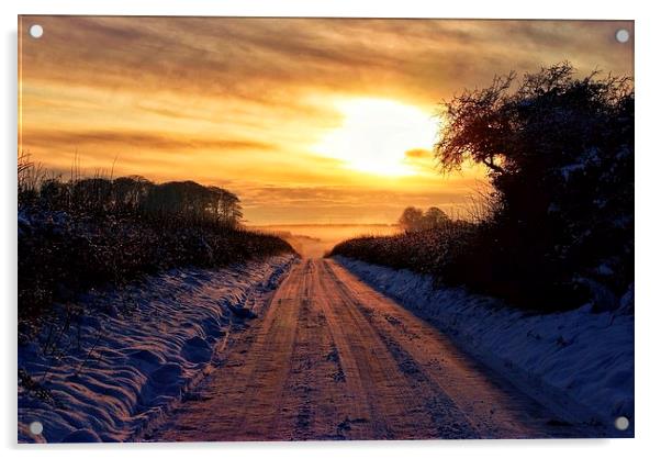 Norfolk snow sunset scene Acrylic by Gary Pearson
