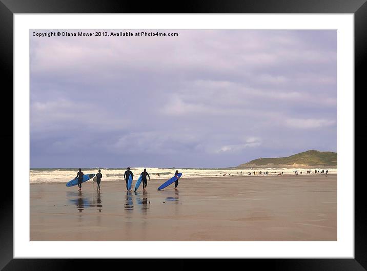 Woolacombe Beach Surfers Framed Mounted Print by Diana Mower