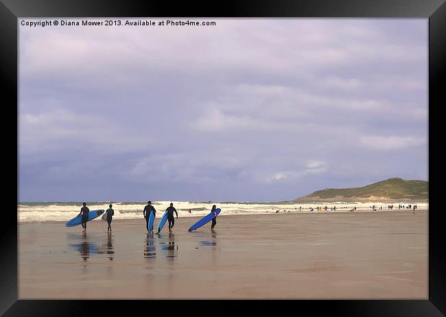 Woolacombe Beach Surfers Framed Print by Diana Mower