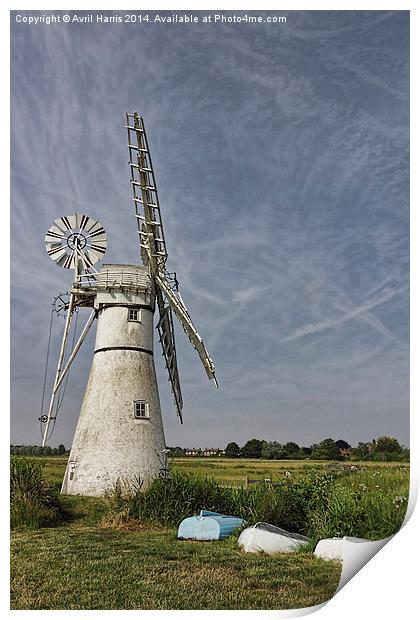 Thurne Dyke Mill and Boats Print by Avril Harris
