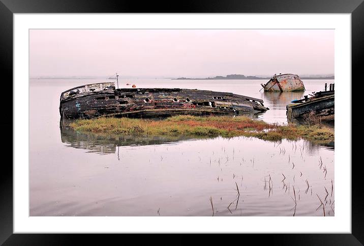 Hoo Marina, Kent, Wrecked Boats Framed Mounted Print by Robert Cane
