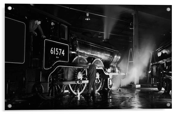 Oiling up a steam loco at night. Acrylic by Ian Duffield