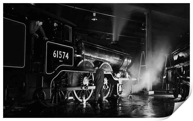 Oiling up a steam loco at night. Print by Ian Duffield
