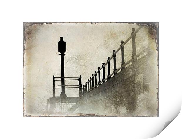 the pier in the fog Print by Heather Newton