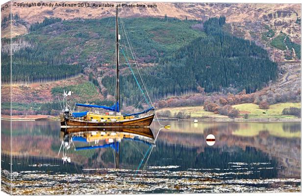 Wooden Yacht Moored By Glencoe Canvas Print by Andy Anderson