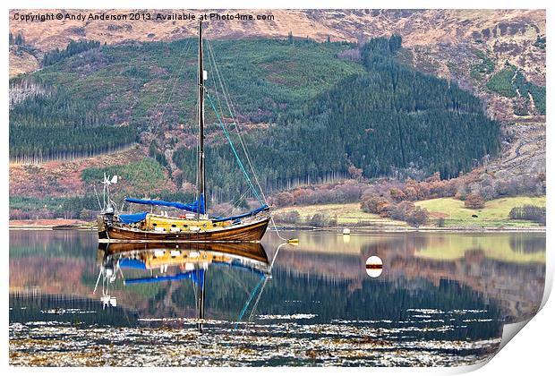Wooden Yacht Moored By Glencoe Print by Andy Anderson