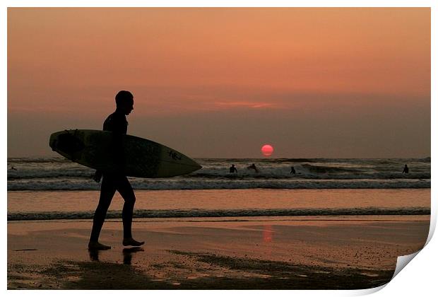Silhouette of a surfer Print by Helen Cooke