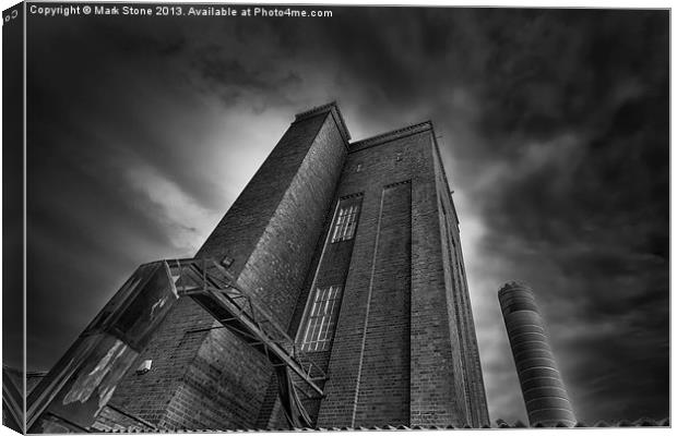 Ominous brick tower & chimney against stormy sky Canvas Print by Mark Stone