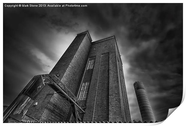 Ominous brick tower & chimney against stormy sky Print by Mark Stone