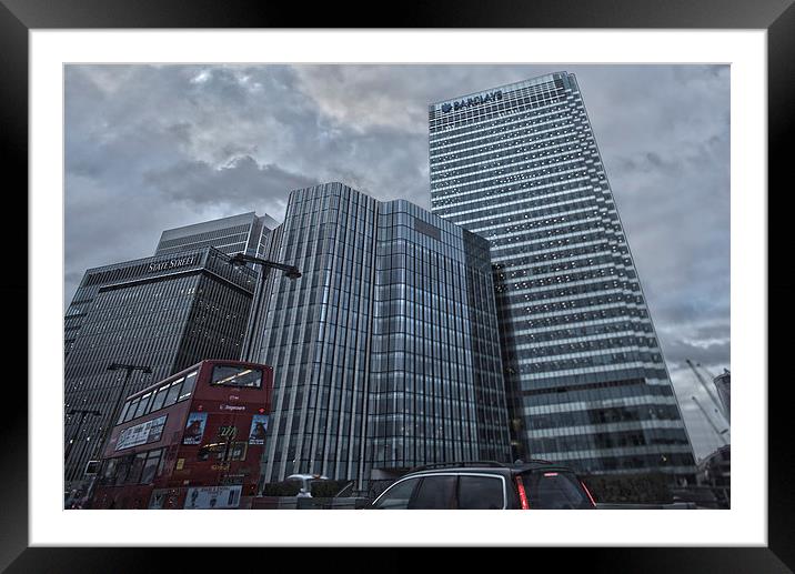 Canary Wharf & London Red Bus Framed Mounted Print by Philip Pound