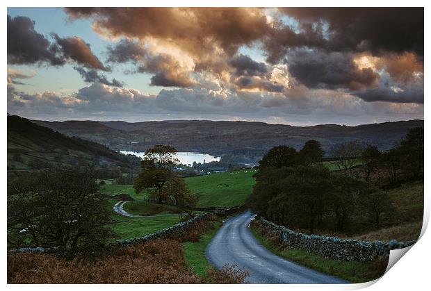 Steep mountain road 'the struggle' at sunset, with Lake Winderme Print by Liam Grant