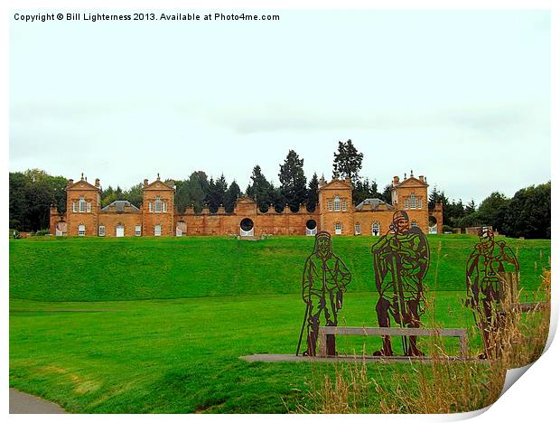 Hunting lodge and statues Print by Bill Lighterness