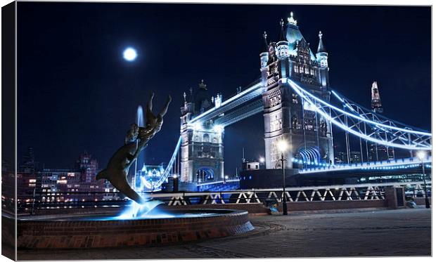 London Tower Bridge with dolphin statue Canvas Print by John Ly