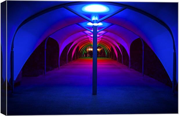 Tunnel to North Greenwich Pier - Blue Lights Canvas Print by John Ly