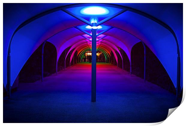 Tunnel to North Greenwich Pier - Blue Lights Print by John Ly
