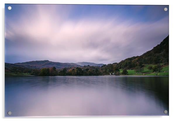 Clouds sweeping over Rydal Water at dusk. Acrylic by Liam Grant