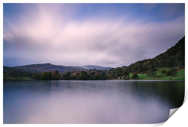 Clouds sweeping over Rydal Water at dusk. Print by Liam Grant