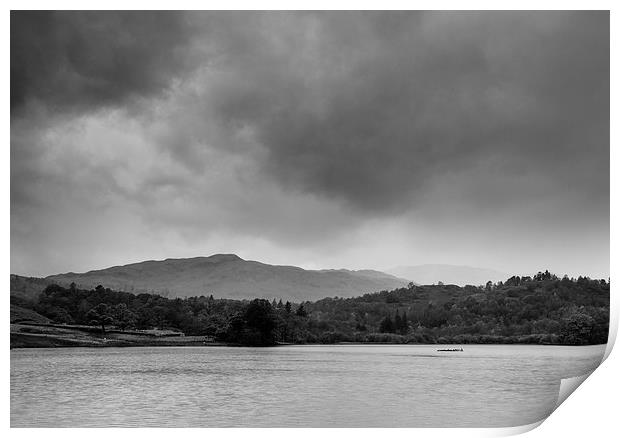 Rainclouds and rain over Rydal Water at dusk. Print by Liam Grant