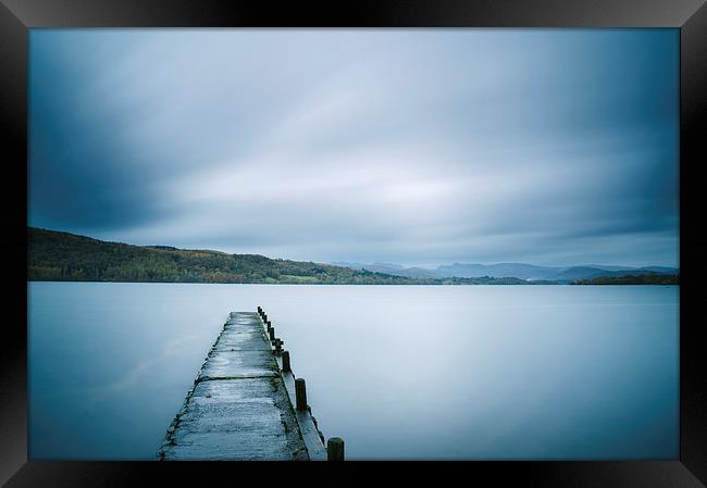 Jetty on Lake Windermere with Langdale Pikes beyond. Framed Print by Liam Grant