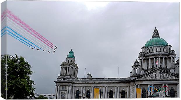 Red  Arrows over Belfast City Canvas Print by Peter Lennon