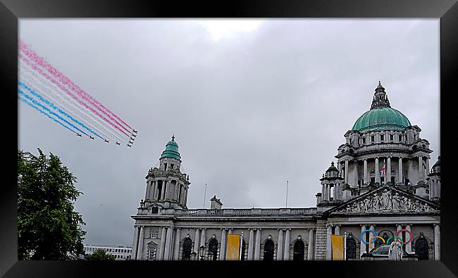 Red  Arrows over Belfast City Framed Print by Peter Lennon