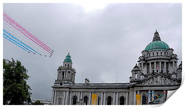 Red  Arrows over Belfast City Print by Peter Lennon